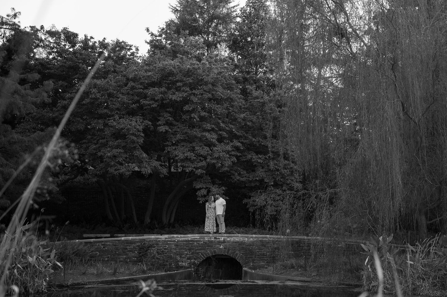 Romantic couple photoshoot in a serene wooded park setting at dusk.