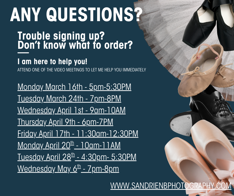 Ballet pointe shoes and schedule of dance class times displayed on a gray background with 'Any Questions?' text at the top.