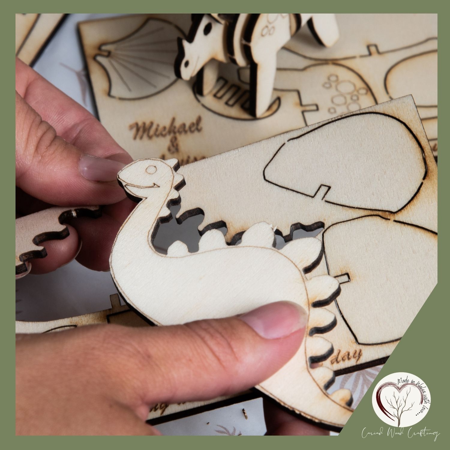 Series of hands assembling wooden laser-cut puzzle pieces.