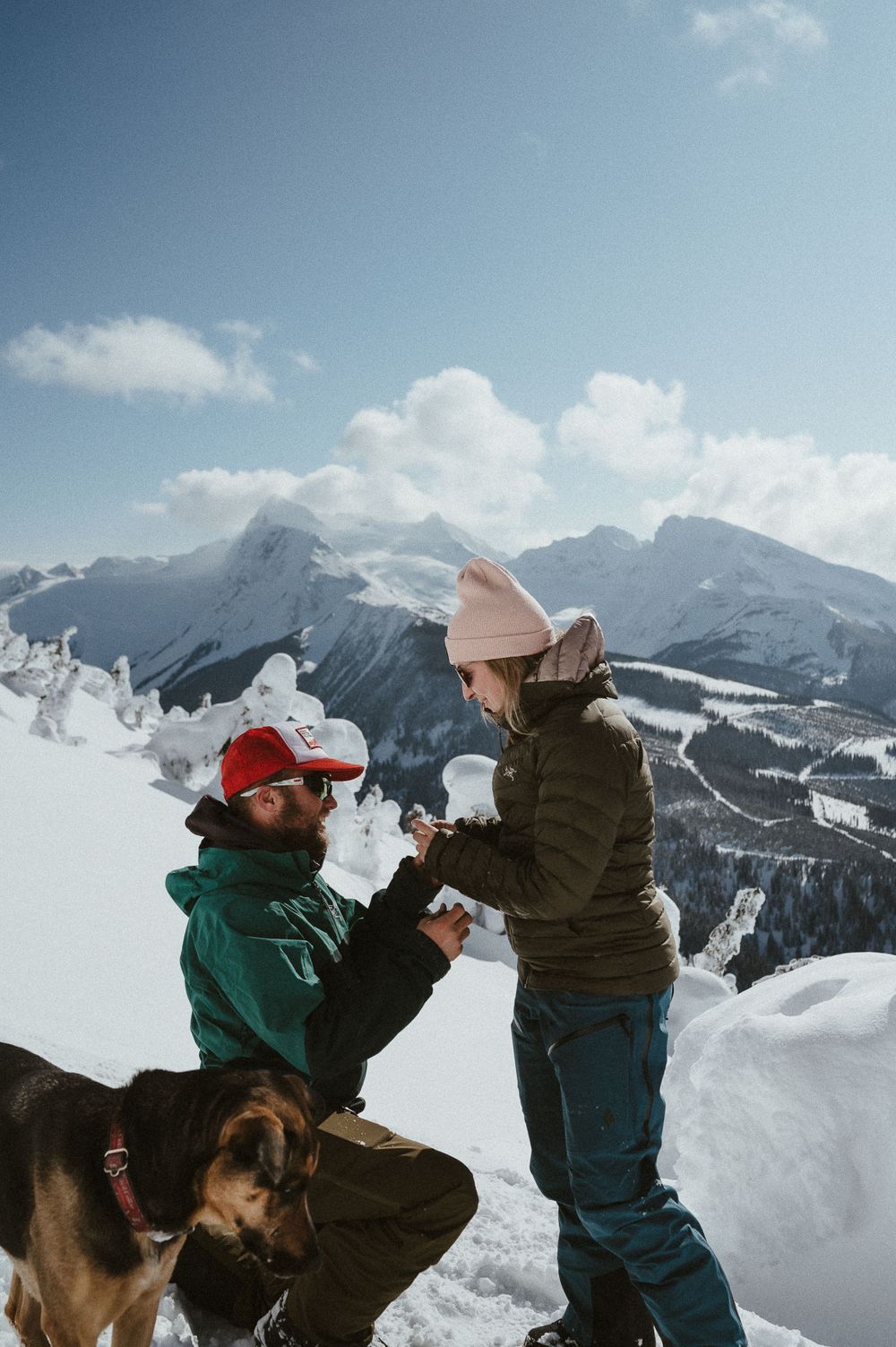 A romantic proposal scene unfolds on a snow-covered mountain peak with dogs as witnesses.
