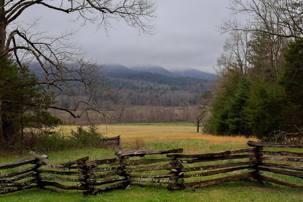 A rustic split-rail fence overlooks a misty mountain valley with bare trees and green meadows in rural countryside.