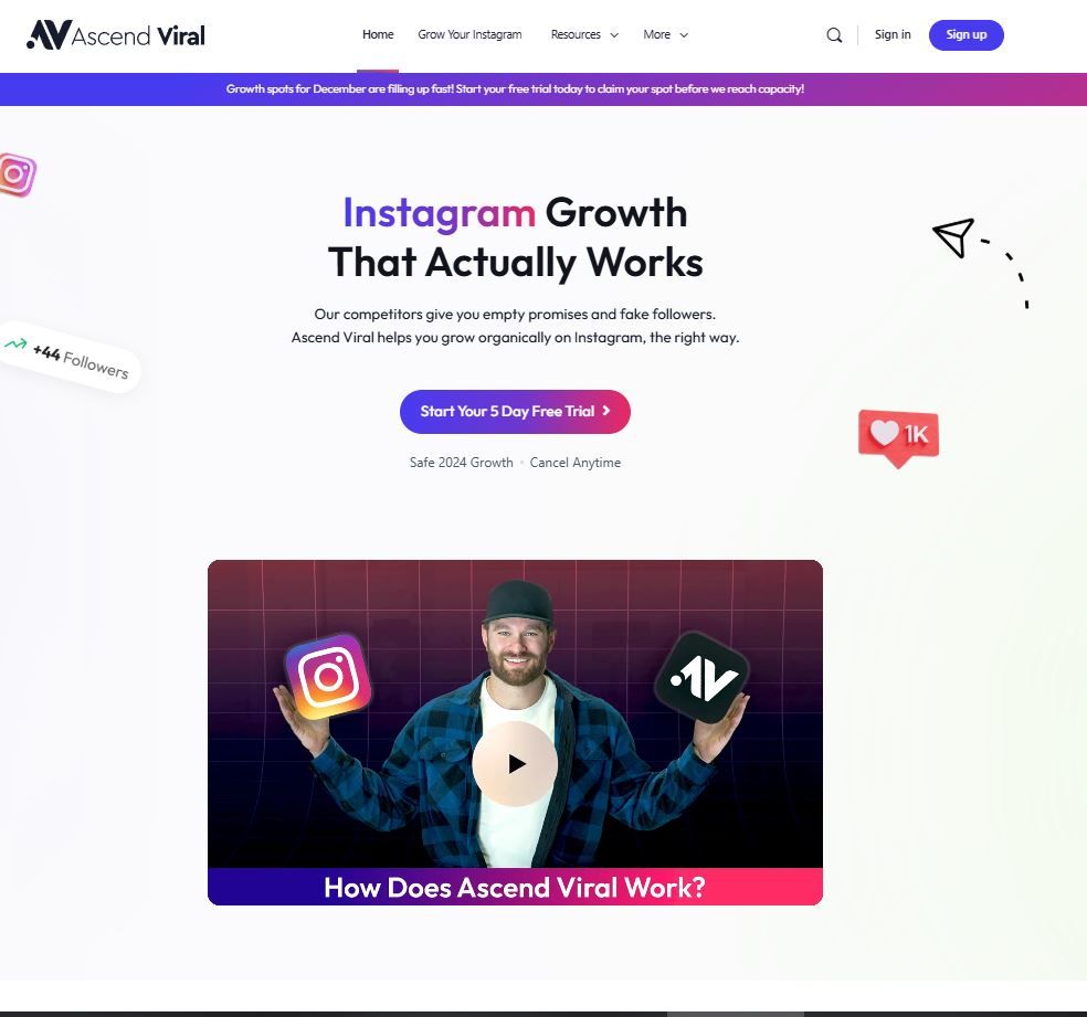 Marketing website homepage for Instagram growth services with purple gradient design.