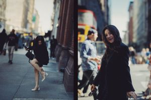 Vibrant portrait photoshoot of a woman in NYC, capturing the cinematic essence of the city’s bustling streets