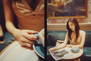 Beautiful woman portrait in a café, showcasing cinematic and aesthetic photography, capturing intimate moments and emotions