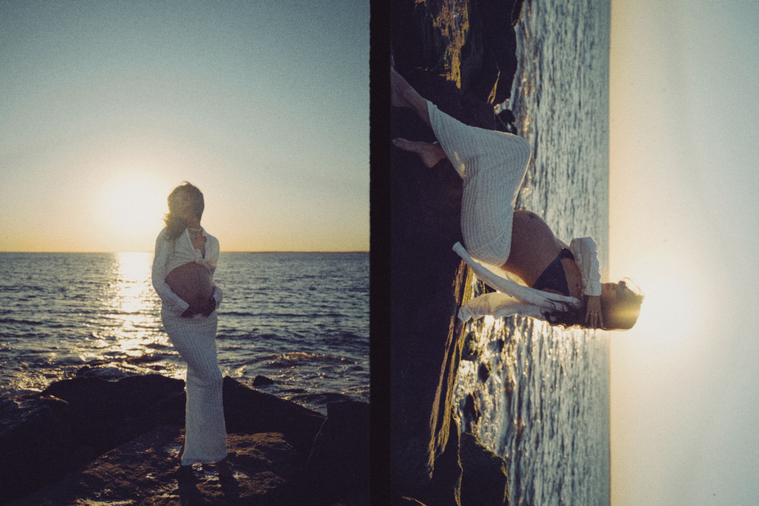 Dreamy and cinematic maternity session by the ocean, golden light, and timeless beauty, capturing the magic of motherhood maternity NYC