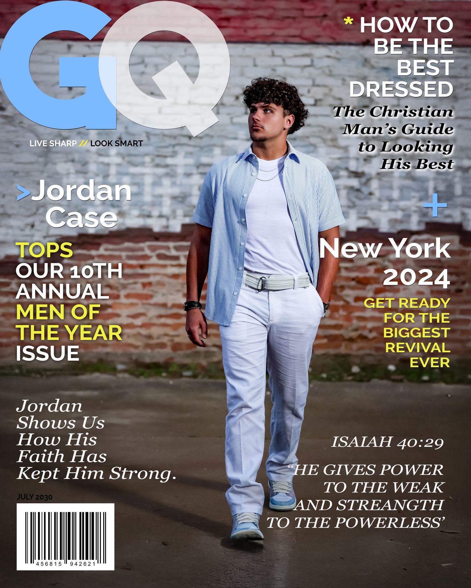 Magazine cover featuring a person in a white shirt and light jeans posing against an urban background for a fashion publication.