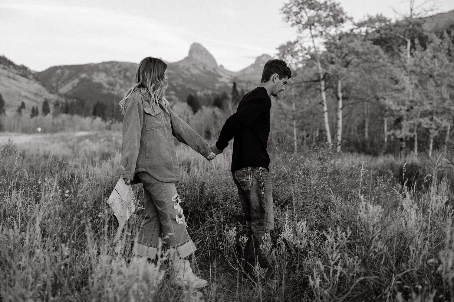 Two people hold hands while walking through a mountain meadow at dusk.