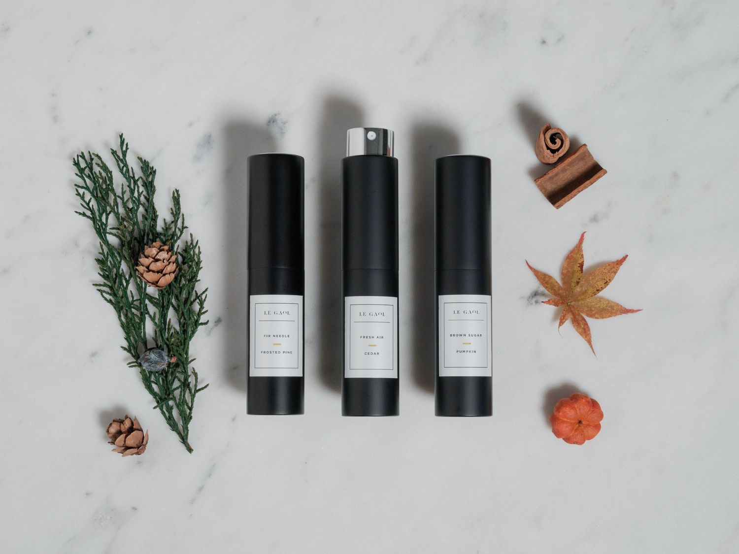 Three black spray bottles arranged with pine branches and autumn leaves on white marble background.