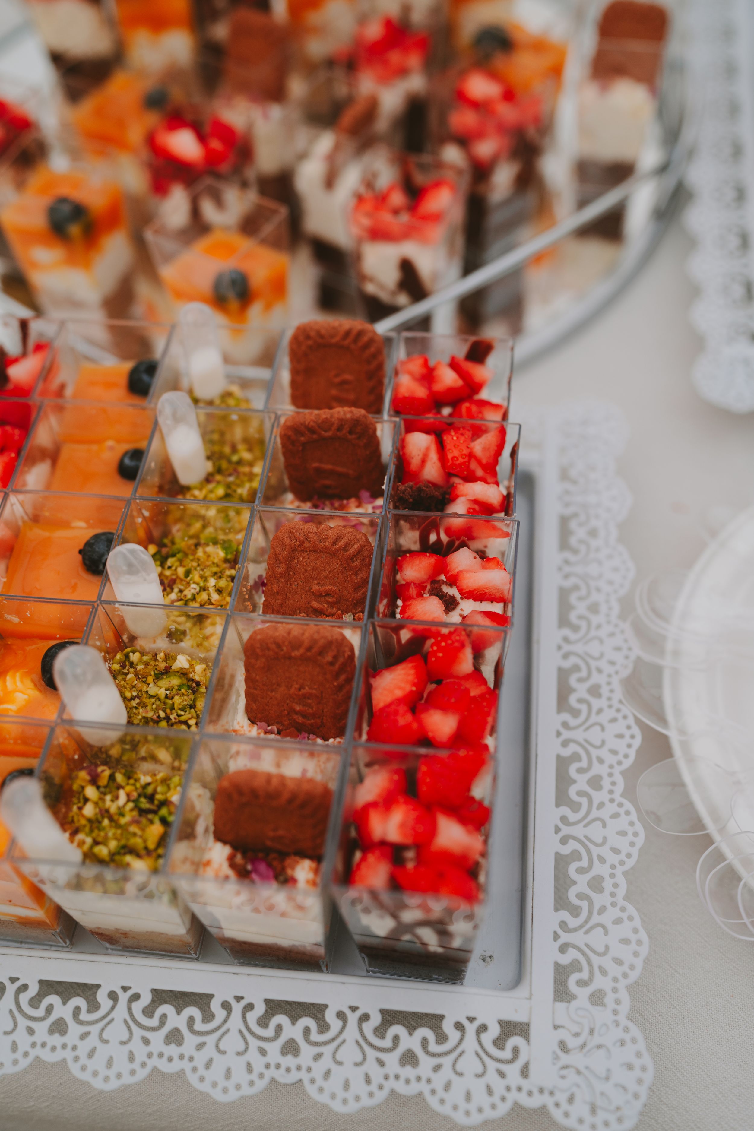 Elegant dessert display featuring rows of colorful petit fours with chocolate, fruit, and pistachio toppings on a lace-trimmed platter.