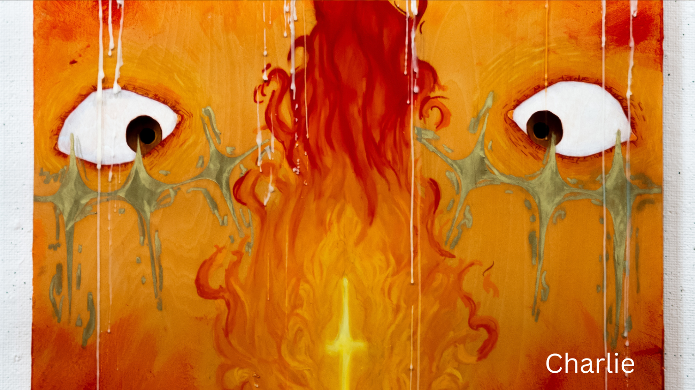 Abstract art featuring two white eyes against an orange background with flame-like patterns.