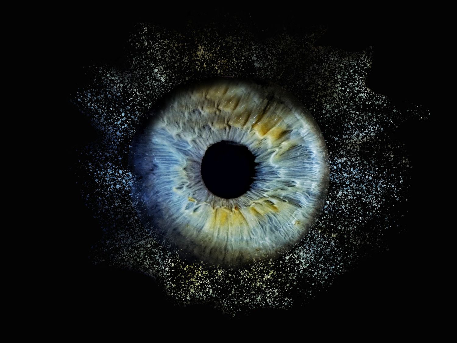 Artistic macro photography of human eye with cosmic sparkle effect.