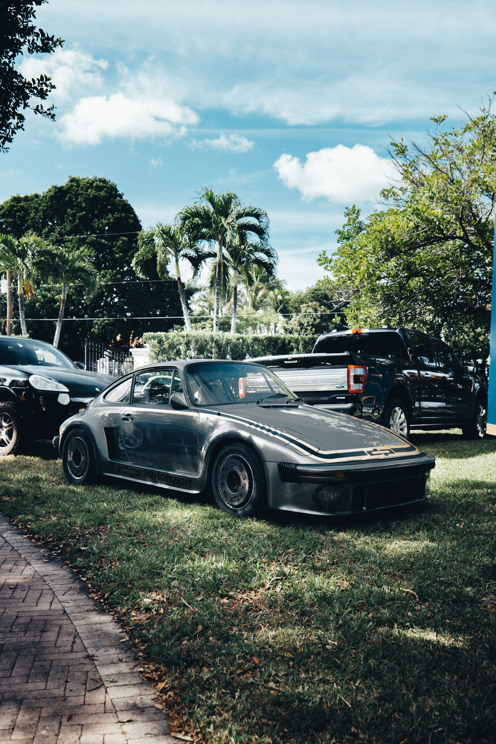 A vintage silver Porsche 930 Turbo sports car parked on grass with palm trees in a tropical setting.