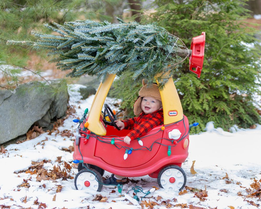 A baby smiles joyfully in a red toy cozy coupe car with a Christmas tree on top in a wintery scene at 1st year milestone photos in Concord.