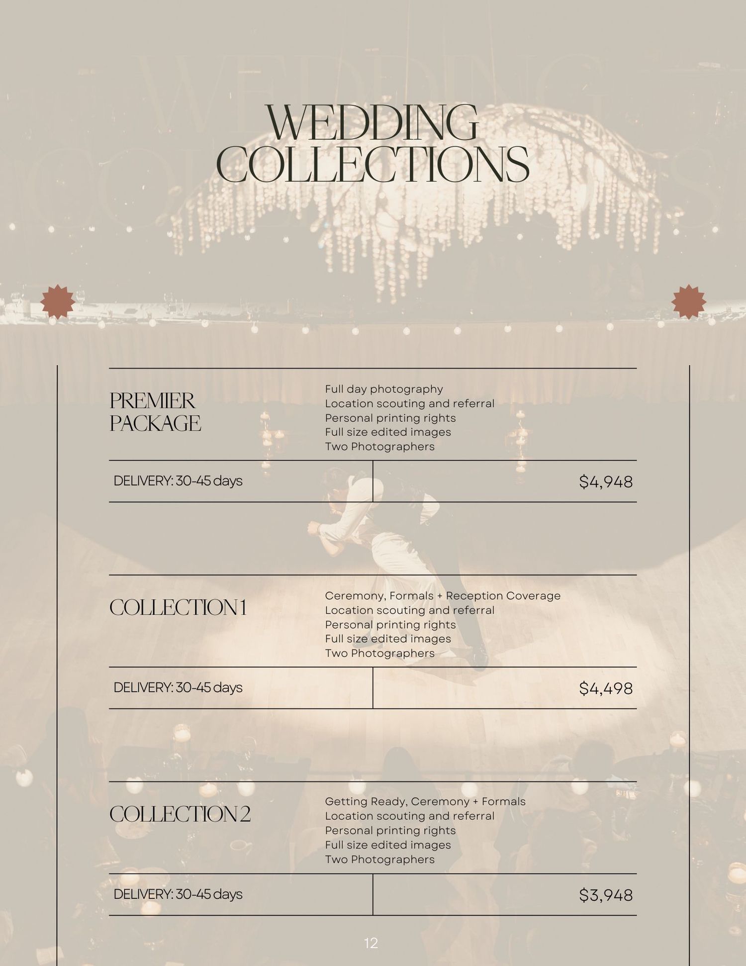 Wedding photography pricing menu showing three collection packages on a light beige background with elegant text design.