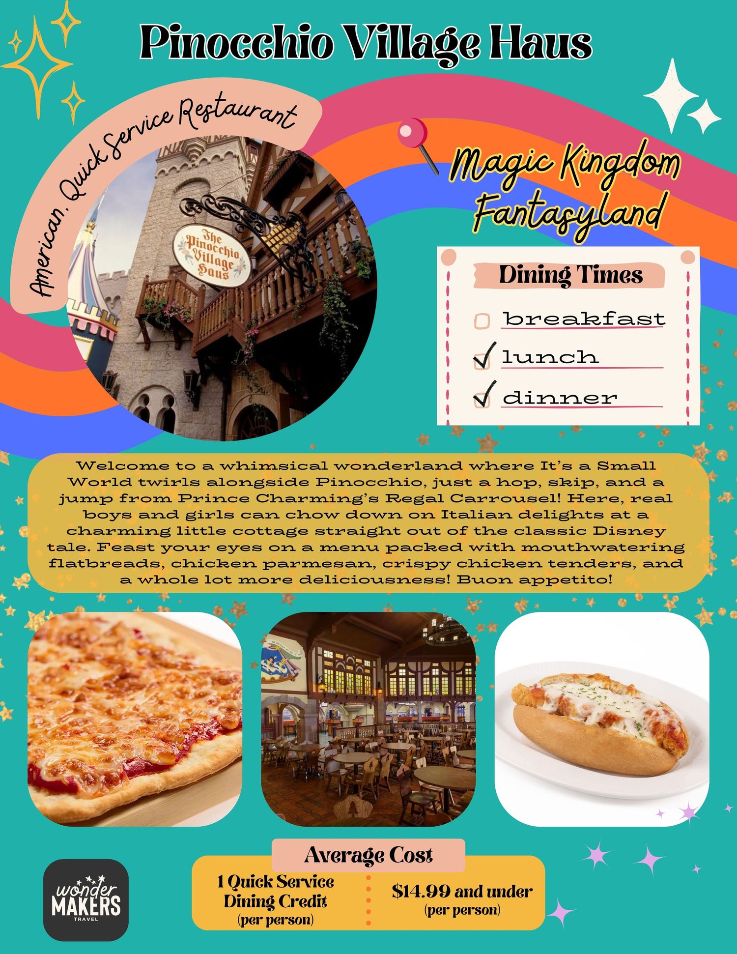 Restaurant menu board for Pinocchio Village Haus featuring dining hours, European-style decor, and quick-service food items.