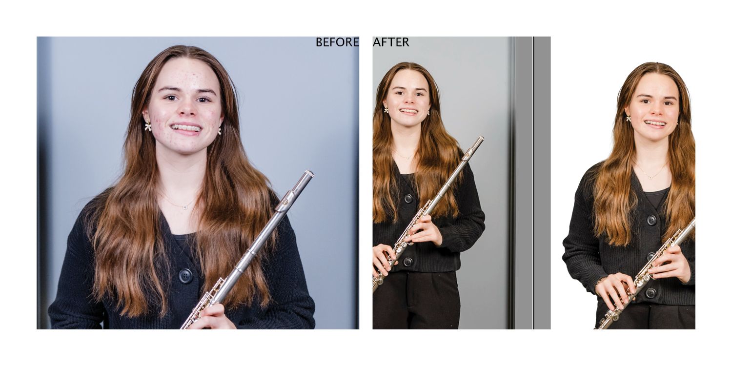 Professional headshots of a flutist in formal black attire with long hair standing against contrasting backgrounds.
