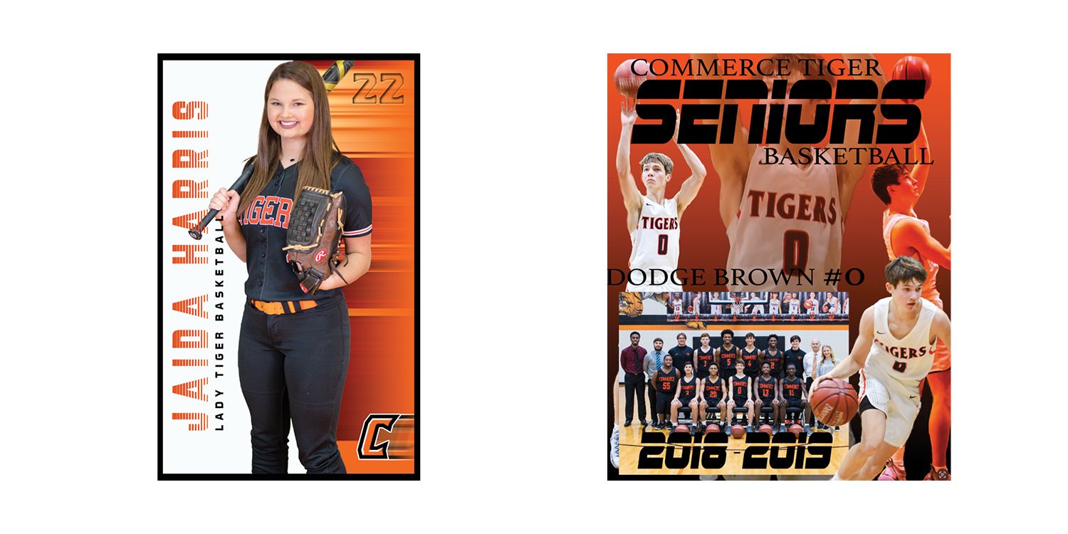 Basketball team photos and roster pages showing varsity seniors and player portraits.