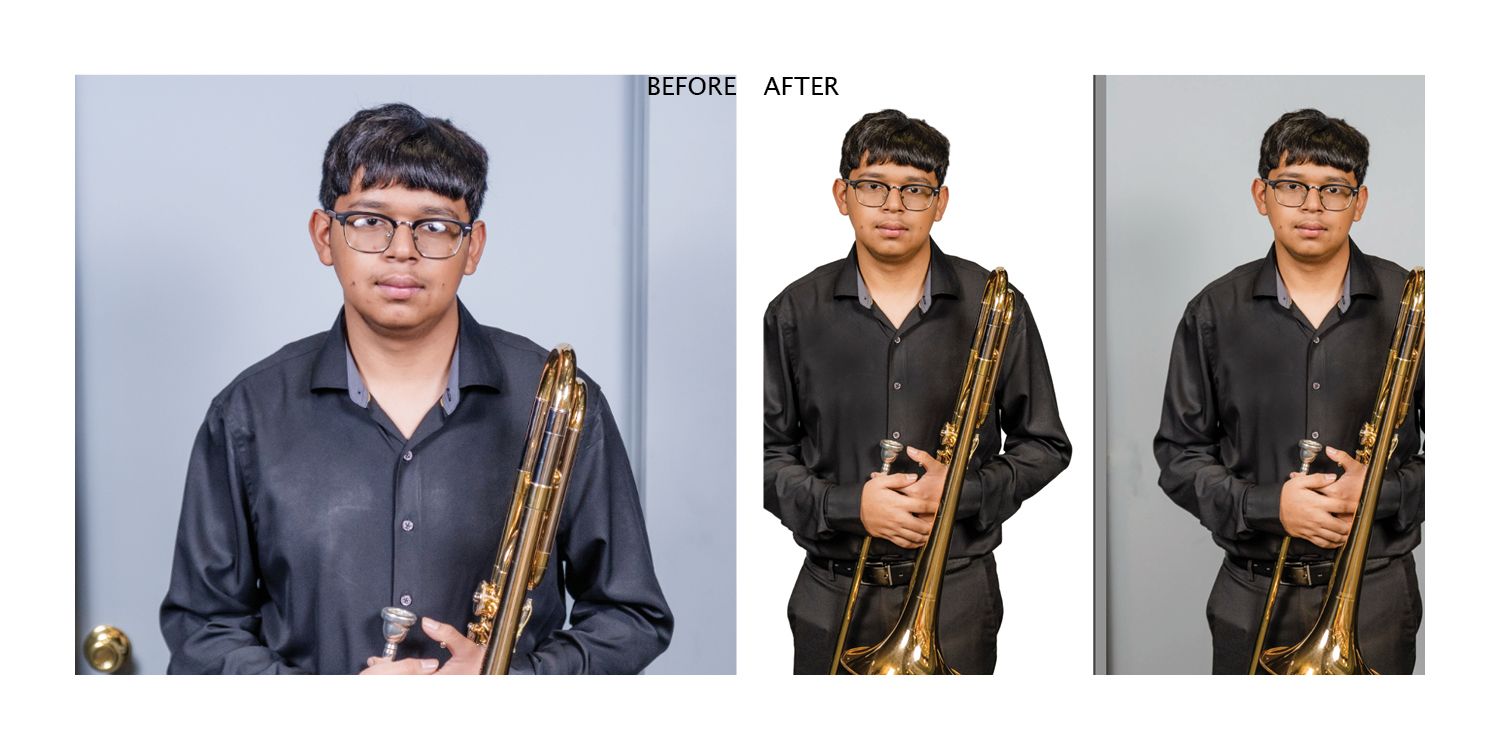 Professional musician poses with a brass saxophone in three different outfits showing a before and after comparison.
