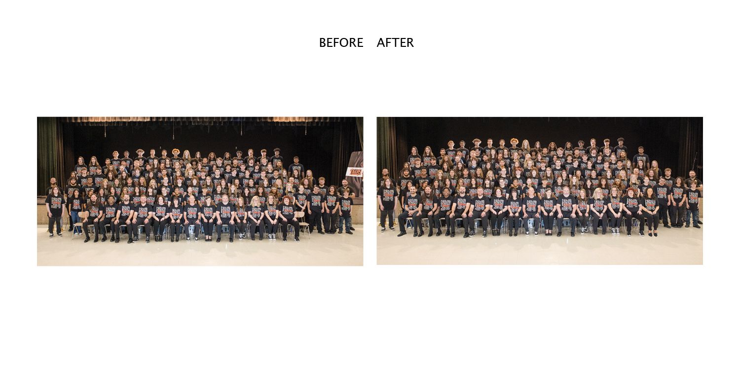 Before and after comparison photos showing large formal group in matching dark uniforms posing in identical arrangements.