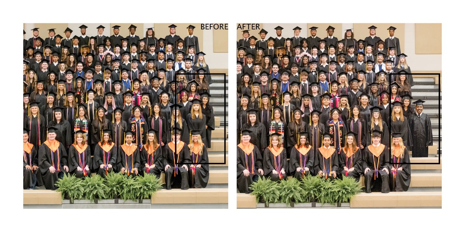 A large group in black graduation gowns and mortarboards poses together for a formal graduation photo.