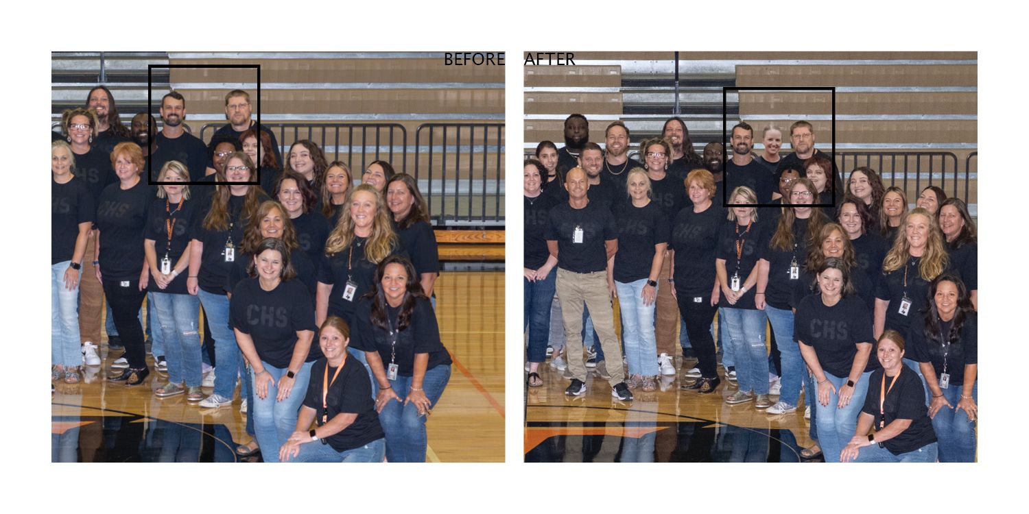 Large student group wearing dark colored clothing sits on bleachers in a high school gymnasium for yearbook photos.