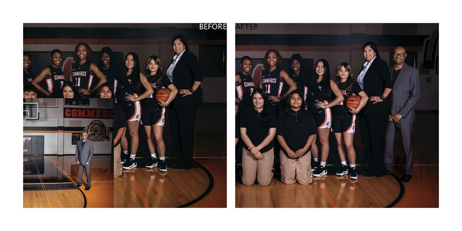 A basketball team poses in matching black uniforms on a basketball court for their team photos.