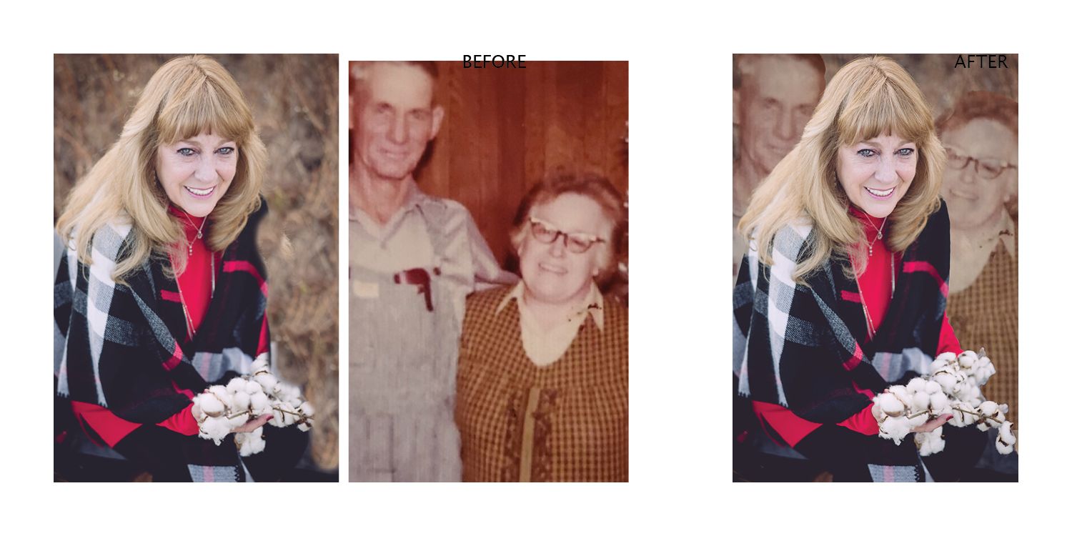 Three vintage photographs arranged side by side show a person wearing red and black clothing alongside antique portraits.
