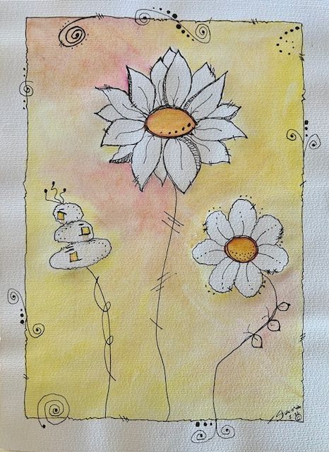Delicate white daisies with swirling stems painted in watercolor on a soft yellow and pink background.