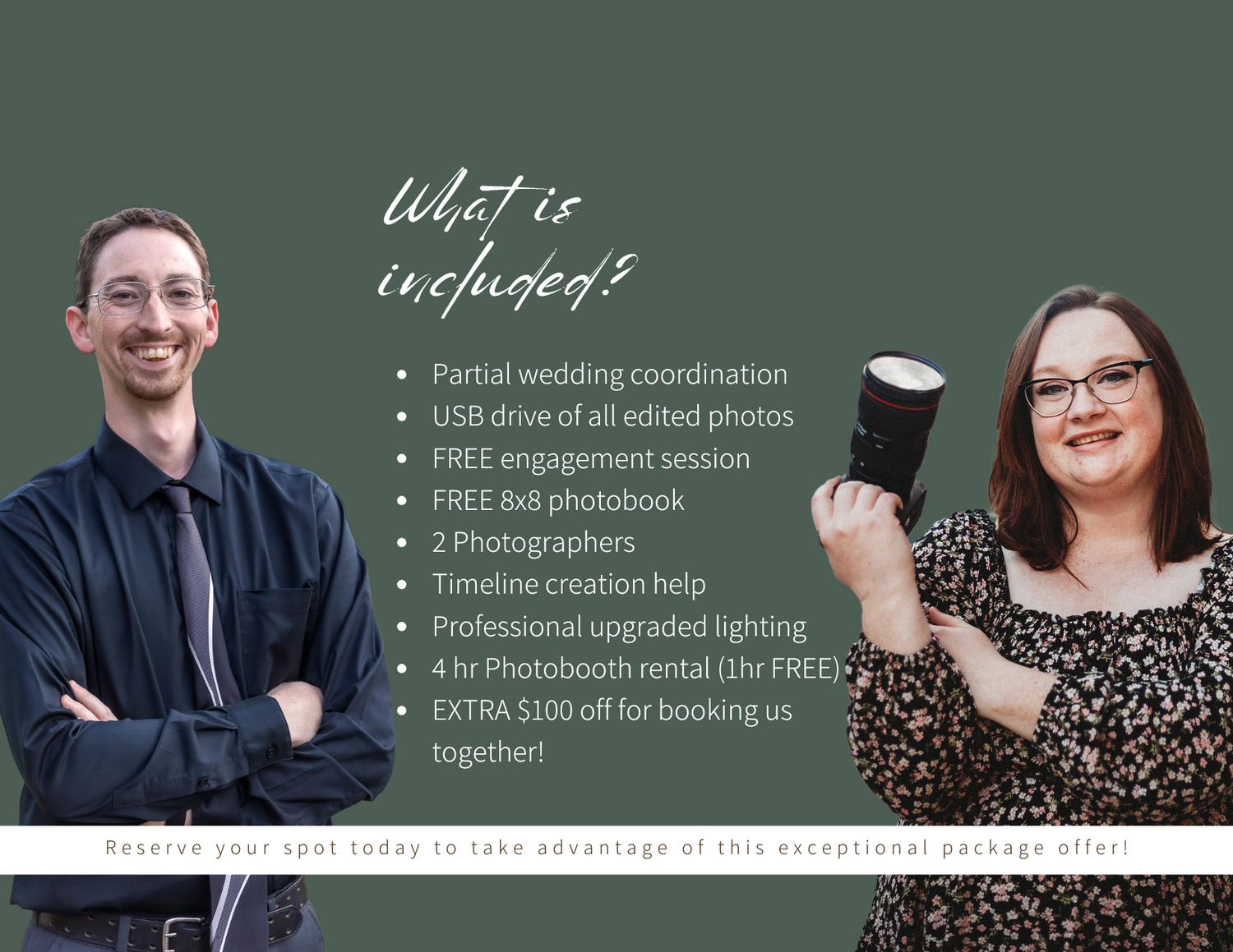 A promotional photo listing wedding service packages including coordination, photo editing and a free playbook.