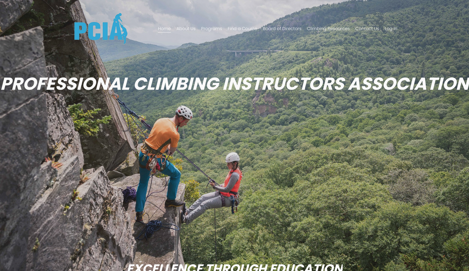 Rock climbers scale a steep cliff face overlooking a lush green forest valley during a climbing instruction session.