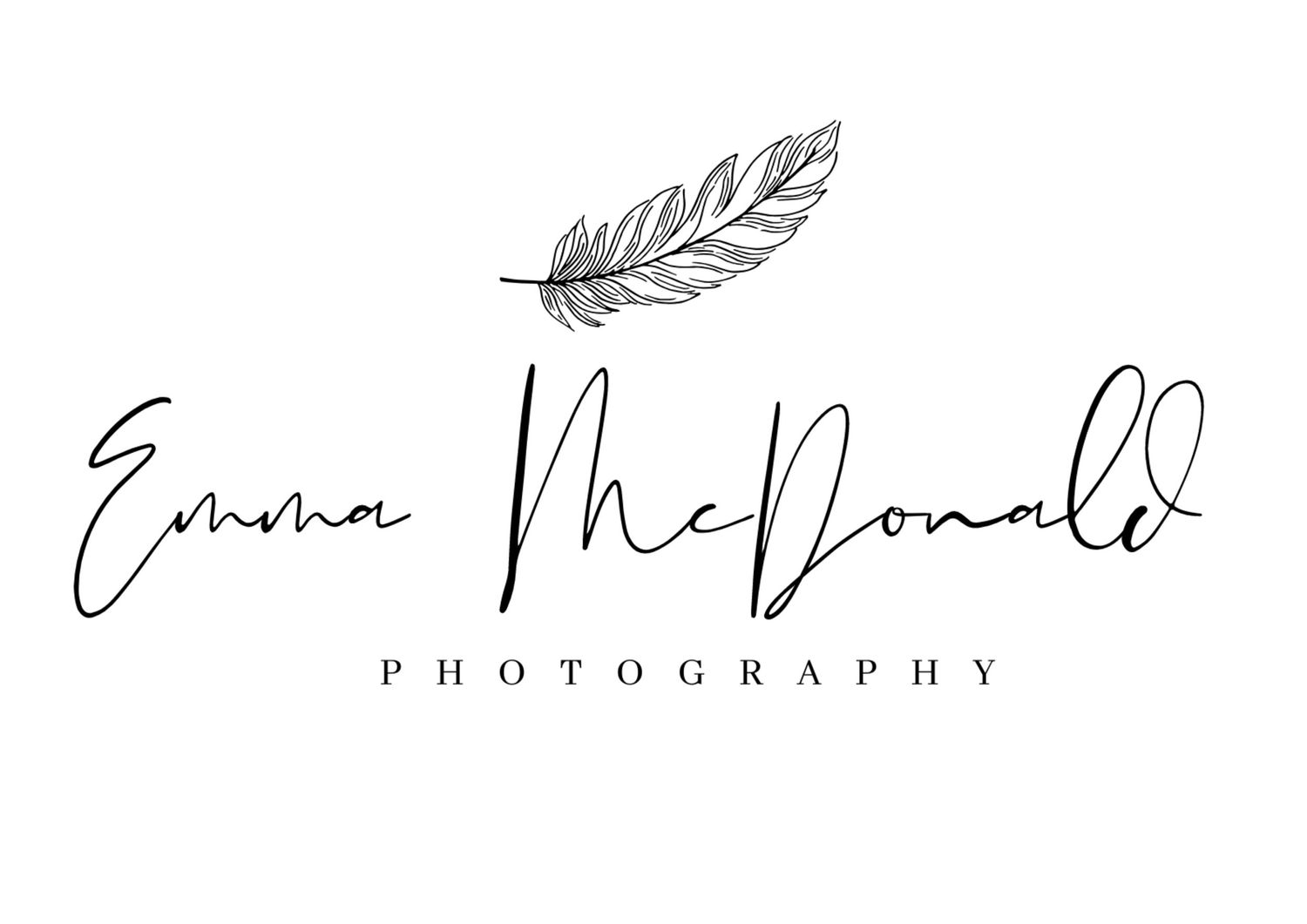 Elegant photography logo with handwritten script and feather illustration.