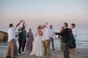A group of wedding guests celebrate on a beach at sunset with the ocean in the background.