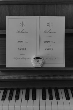 Black and white piano keyboard with sheet music and name cards displayed on the music stand.