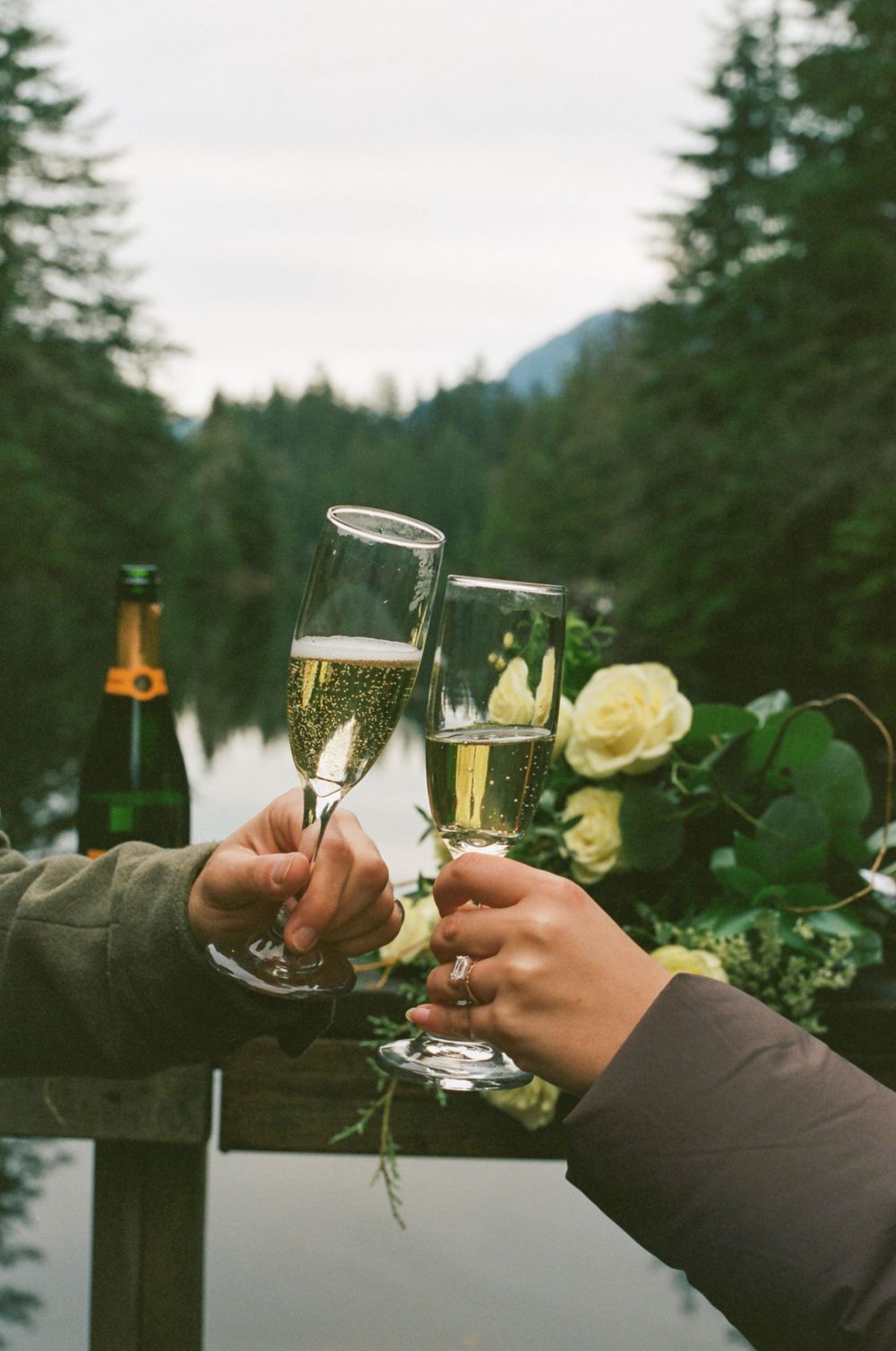 Two people toasting champagne glasses amidst evergreen trees in an outdoor mountain setting.