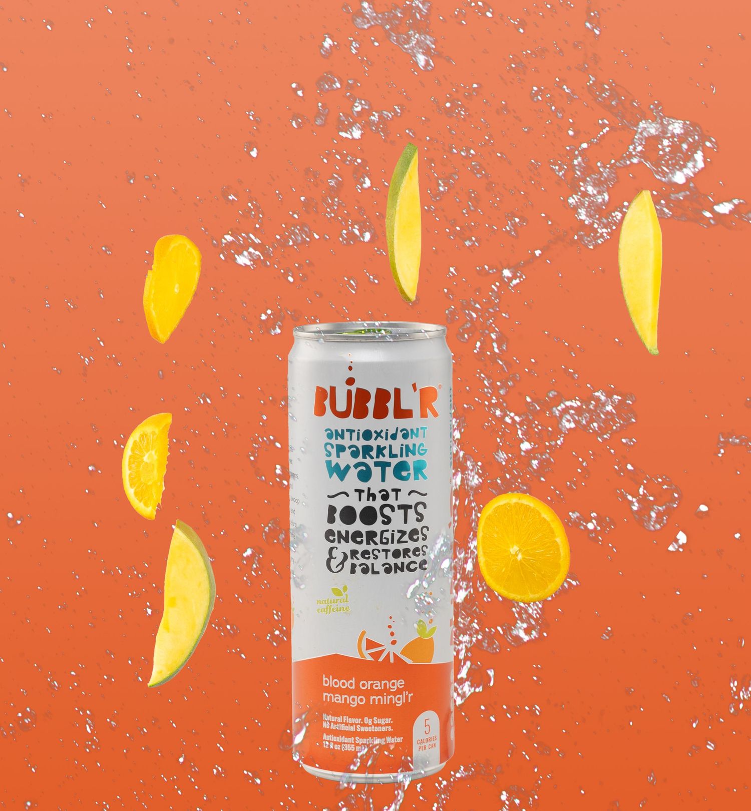 Bubbl'r sparkling water can with citrus slices and water splashes on orange background.