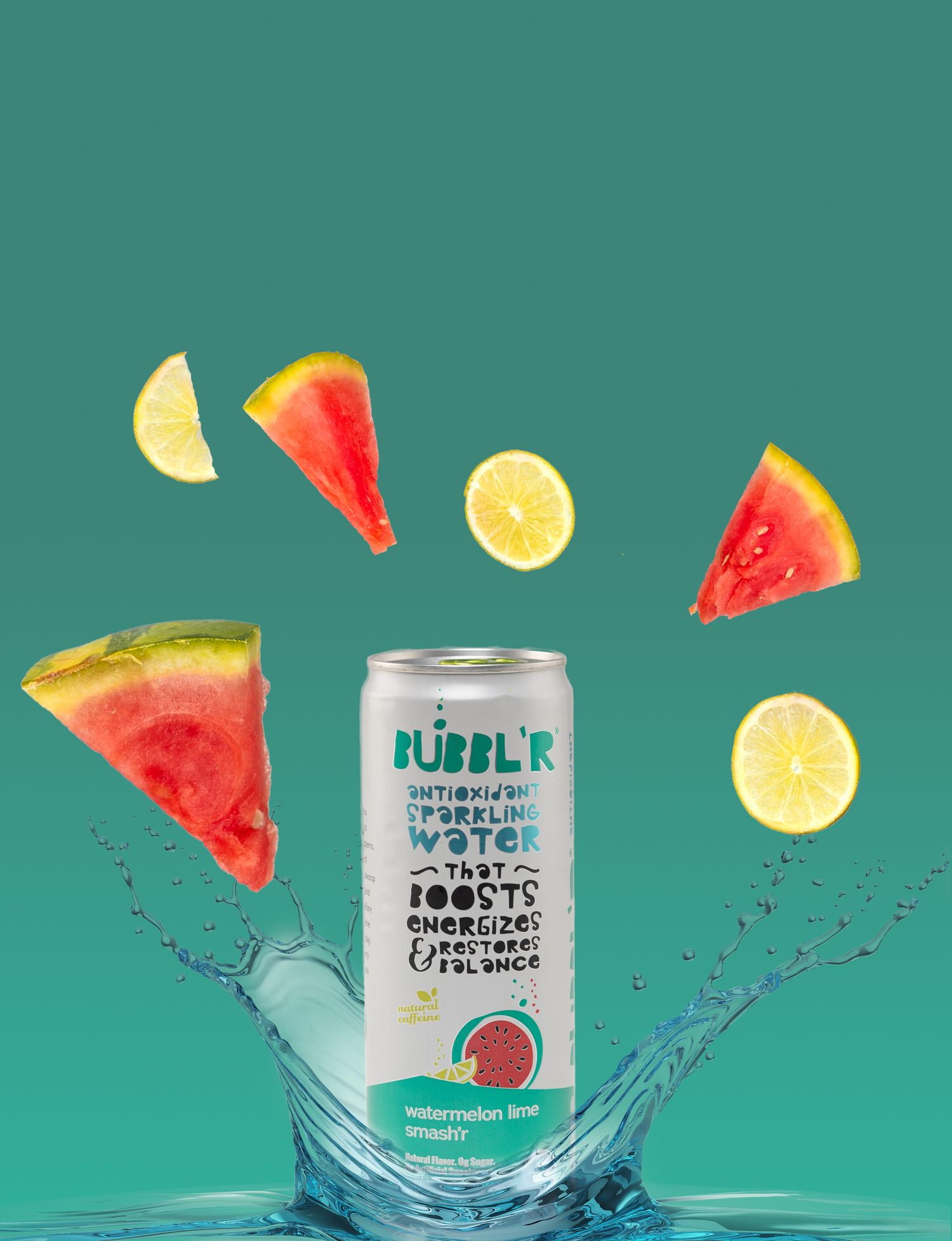Bubbl'r sparkling water can with floating watermelon and lemon slices on teal background.