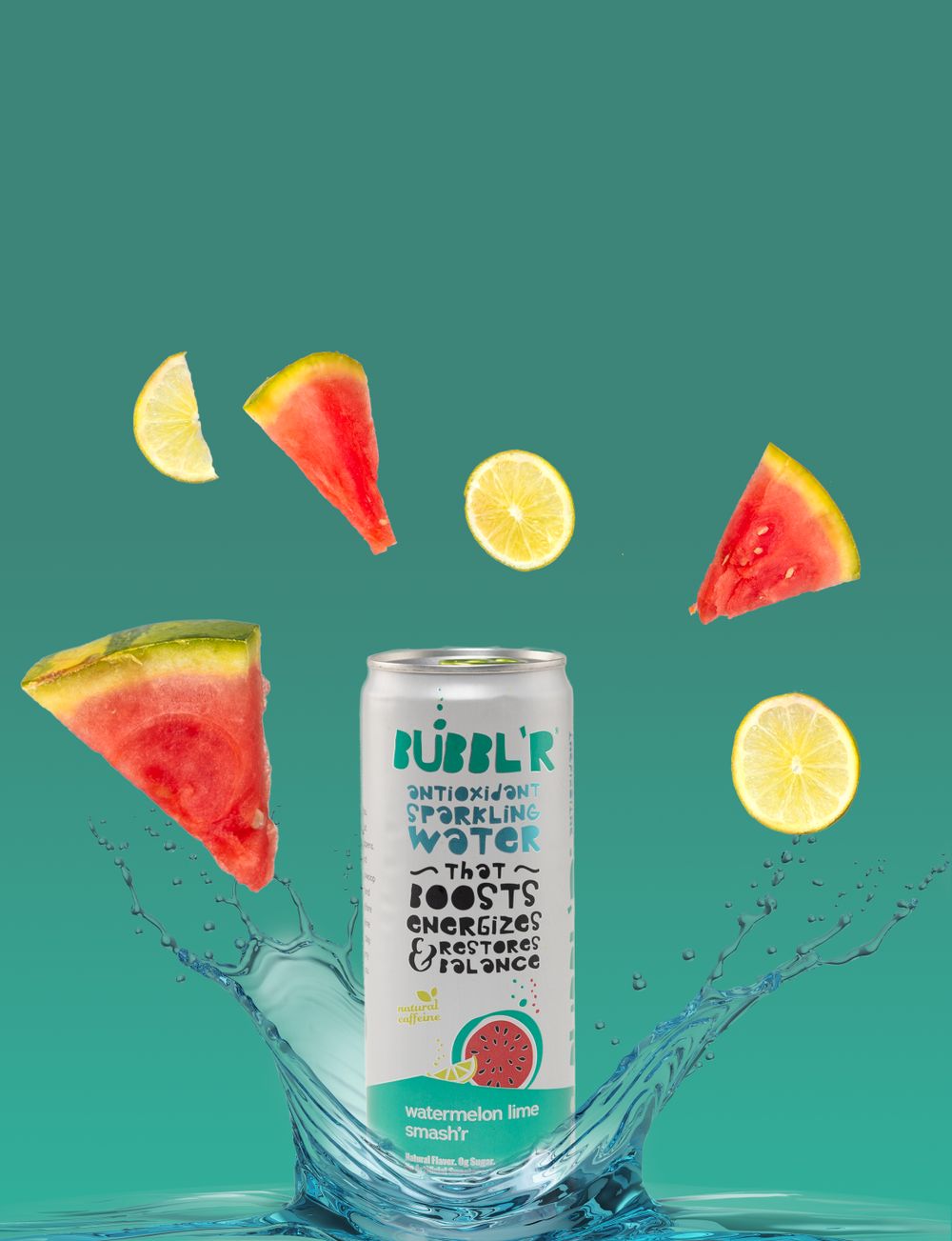 Bubbl'r sparkling water can with floating watermelon and lemon slices on teal background.