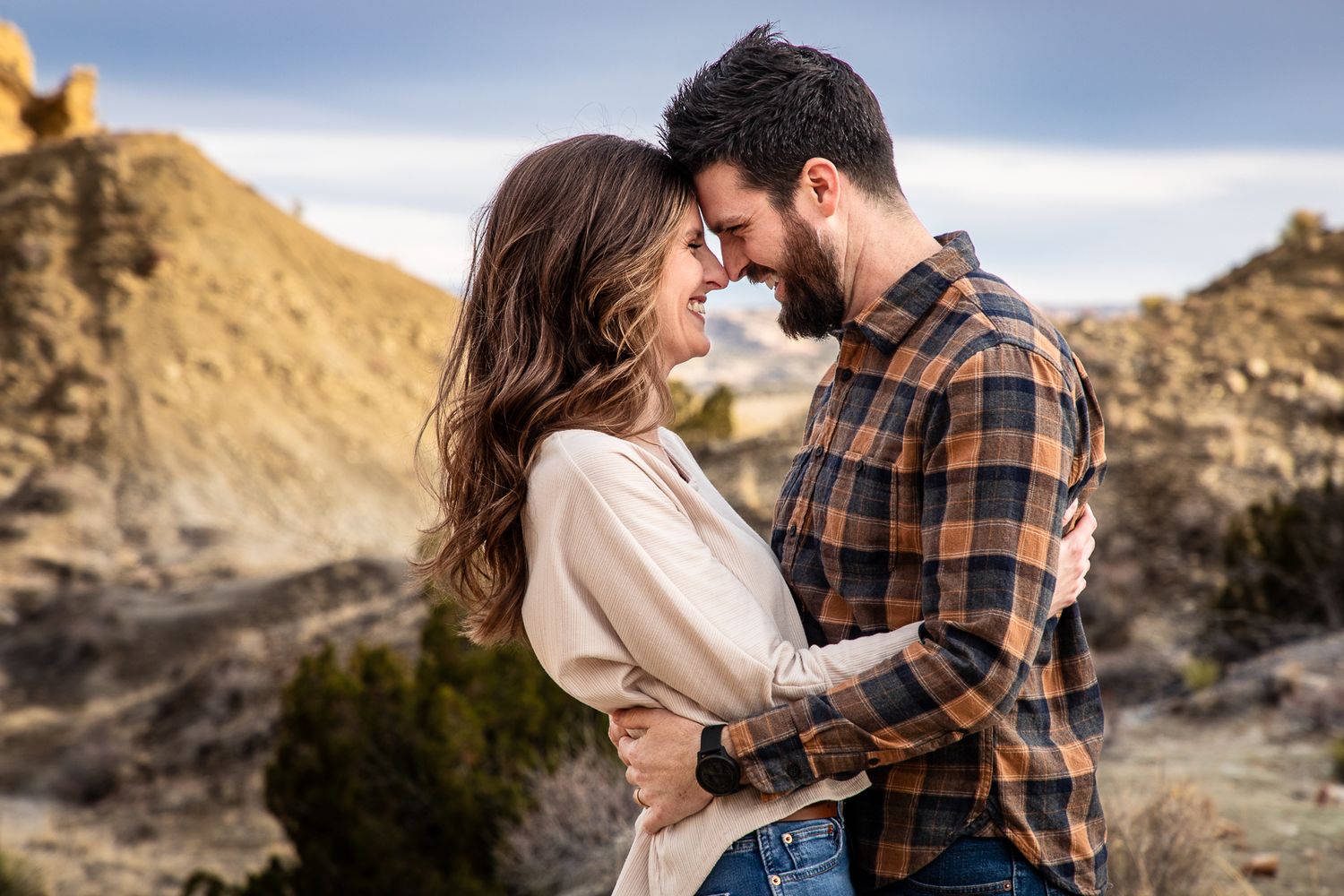Beautiful outdoor engagement photography: couple in New Mexico landscape; Clarissa Anello