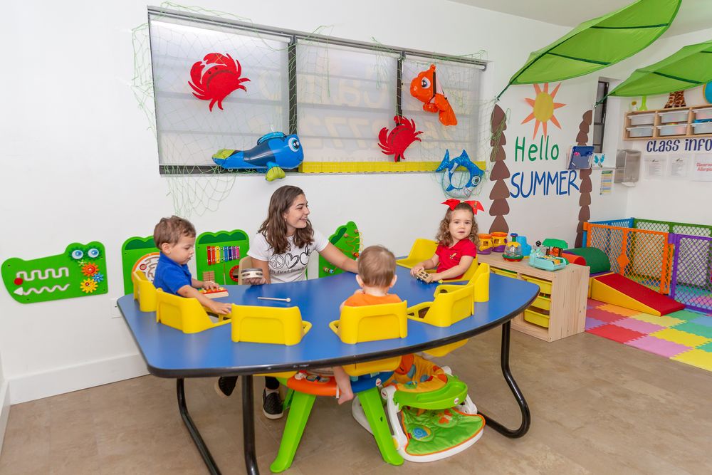Bright and colorful preschool classroom with learning stations and play areas.
Schools photography.