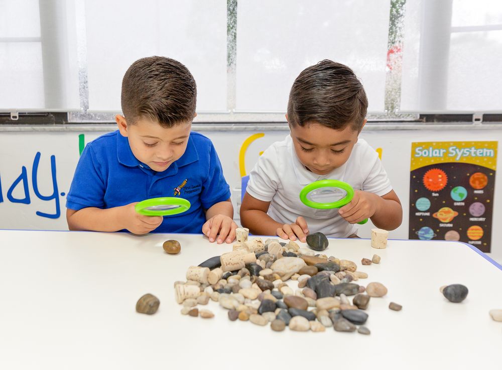 Students examining and studying rocks during a hands-on learning activity.
Schools photography.