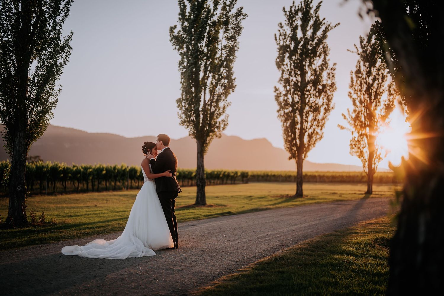 Couple shares an intimate moment on a tree-lined path at sunset with mountains and vineyards in the background. Enzo Weddings, Hunter Valley