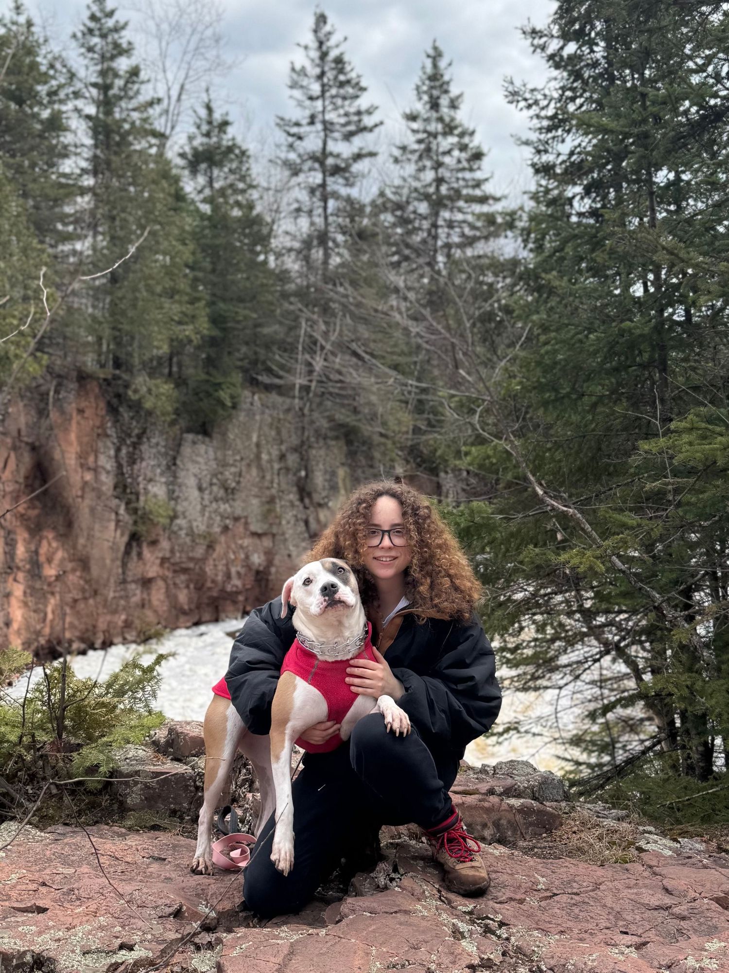 A person in black clothing lies on red rock formations in a snowy forest with their small white and brown dog.