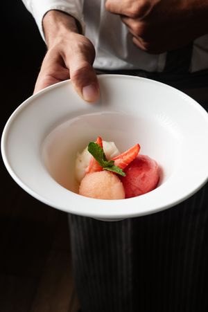 Colorful sorbet dessert with fresh mint garnish served in a white bowl.
