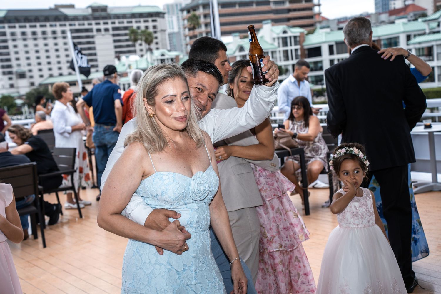 Wedding celebration on a boat with guests dancing and mingling in formal attire Yacht StarShip in Tampa Fl