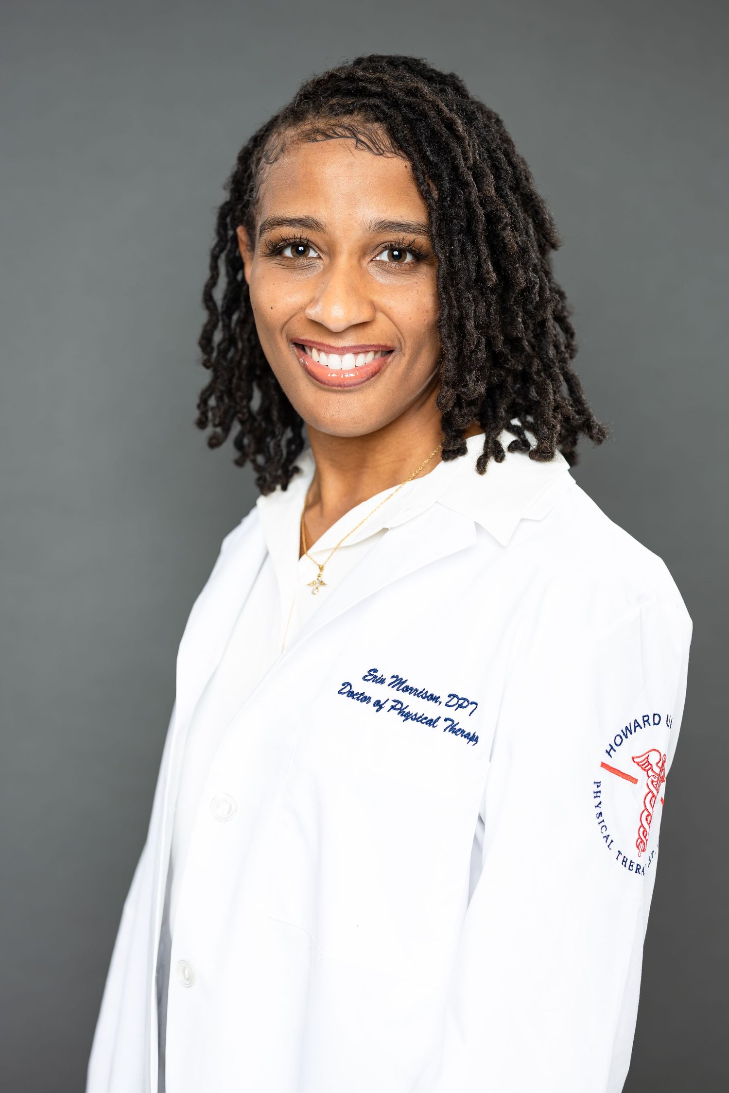 A medical professional in a white coat smiles warmly against a gray background in a series of professional headshots.