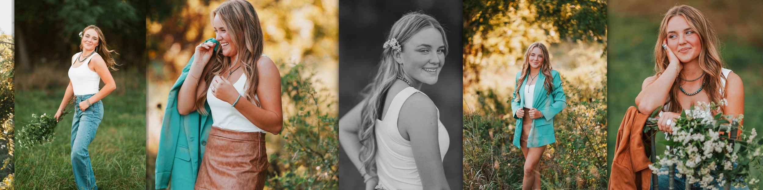 A series of outdoor portrait photos showing people in natural settings with warm autumn lighting and foliage.