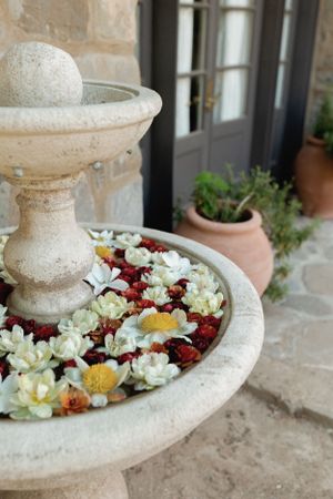 Stone fountain bowl filled with floating white flowers and red petals.