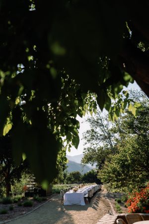 Long banquet table set for outdoor wedding reception framed by trees with mountain view.
