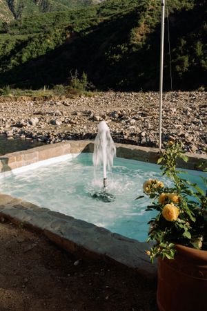 A small fountain sprays water in a swimming pool surrounded by yellow flowers and mountain views.