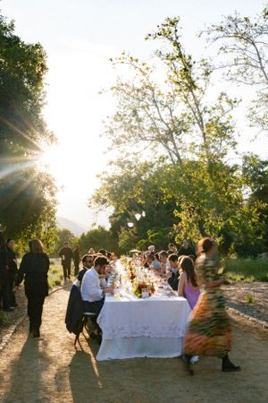 Outdoor dinner party at sunset with long white-clothed table under trees.